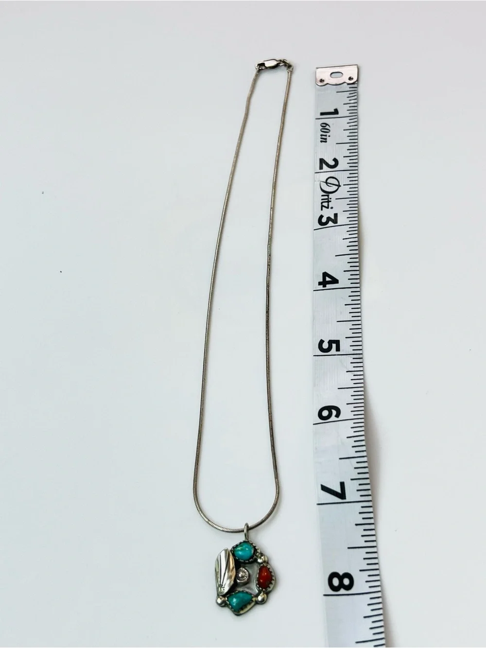 Native American Sterling Silver Turquoise & Coral Pendant Necklace SIGNED